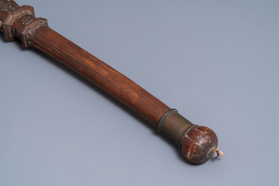 A mahogany boat mast with oak scrolls, France or Italy, 18th C.