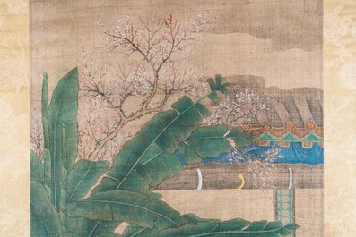 Chinese school, after Li Gonglin, ink and color on silk: 'Lady at her dressing table on a terrace', 17/18th C.