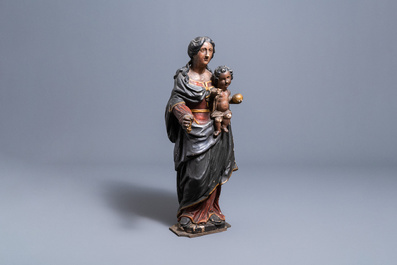 A large polychromed oak figure of a Madonna with child, 17th C.