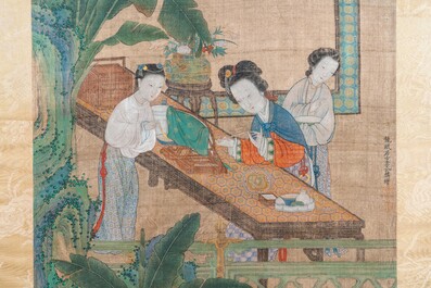 Chinese school, after Li Gonglin, ink and color on silk: 'Lady at her dressing table on a terrace', 17/18th C.