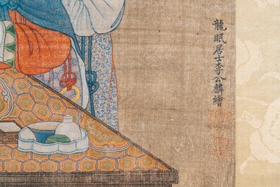 Ecole chinoise, d'apr&egrave;s Li Gonglin, encre et couleurs sur soie: 'Dame &agrave; son table de maquillage', 17/18&egrave;me