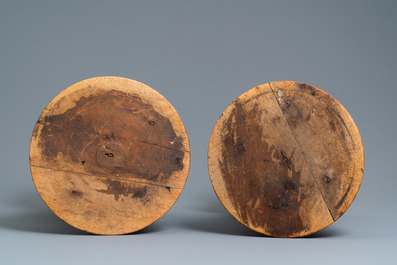 A pair of patinated coniferous wood candle supports in the shape of kneeling Moors, Venice, Italy, 17/18th C.