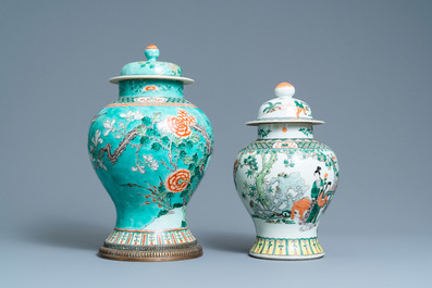 Two Chinese famille verte vases and covers, 19th C.