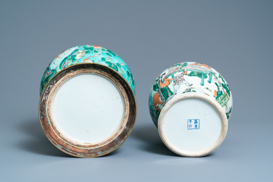 Two Chinese famille verte vases and covers, 19th C.