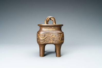 A Chinese partly gilded bronze censer with jade-topped wooden cover, Xuande mark, Kangxi
