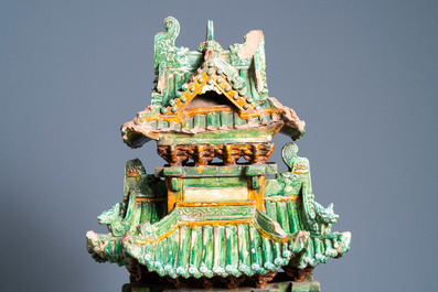 An exceptional large inscribed Chinese sancai-glazed pagoda, dated 1550, Ming