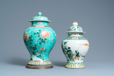 Two Chinese famille verte vases and covers, 19th C.