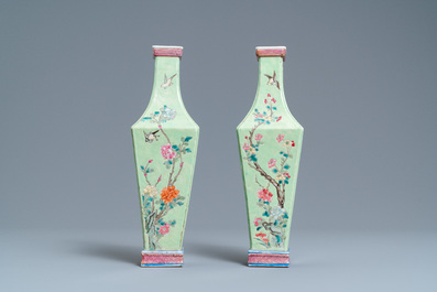 A pair of Chinese famille rose green-ground vases with floral design, 19th C.