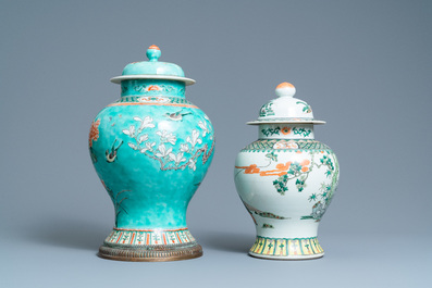 Two Chinese famille verte vases and covers, 19th C.