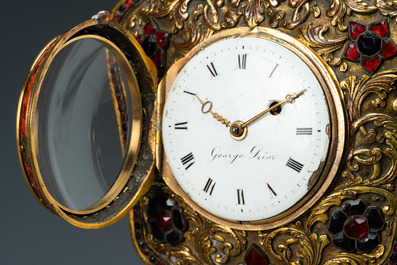 A Chinese semi-precious stone embellished gilt-bronze wall clock, Canton workshop and George Prior of London for the Chinese market, Qianlong