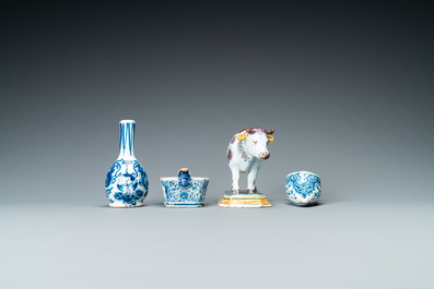 Une collection de six pi&egrave;ces en fa&iuml;ence de Delft en bleu et blanc et polychrome, 18/19&egrave;me