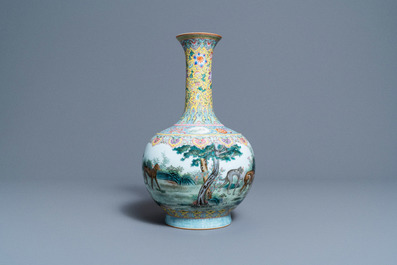 A Chinese famille rose bottle vase with dogs, Qianlong mark, Republic