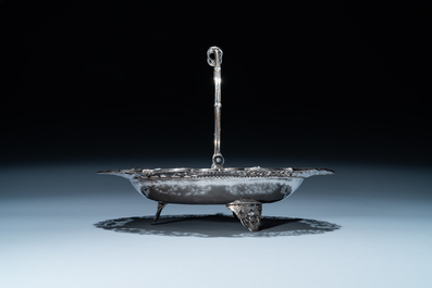 A Chinese silver 'dragon' tazza and a tripod dish with a handle, Sing Fat, Canton or Shanghai, 19/20th C.