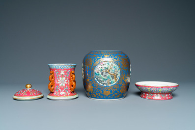 A four-piece Chinese famille rose revolving and reticulated vase, Qianlong mark, Republic