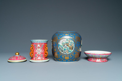 A four-piece Chinese famille rose revolving and reticulated vase, Qianlong mark, Republic