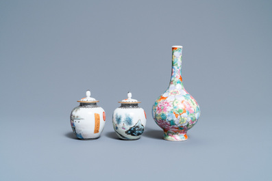 Une paire de vases couverts miniatures et un vase millefleurs en porcelaine de Chine famille rose, marques de Qianlong, R&eacute;publique