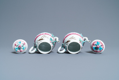 A pair of Chinese famille rose teapots and covers with applied design, Yongzheng