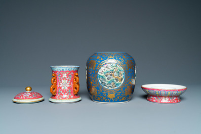 A four-piece Chinese famille rose revolving and reticulated vase, Qianlong mark, Republic