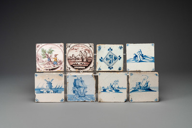 Forty-four blue and white and polychrome Dutch Delft tiles, 17/18th C.