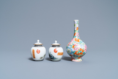 A pair of Chinese famille rose miniature vases and covers and a millefleur vase, Qianlong marks, Republic