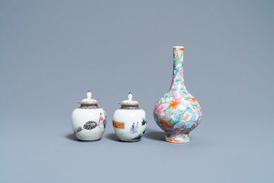 Une paire de vases couverts miniatures et un vase millefleurs en porcelaine de Chine famille rose, marques de Qianlong, R&eacute;publique