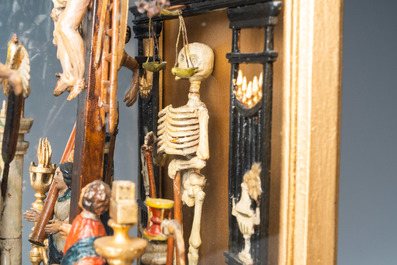 A polychromed wooden 'Golgotha' group with all the Instruments of the Passion in glass display, France or Italy, 18th C.