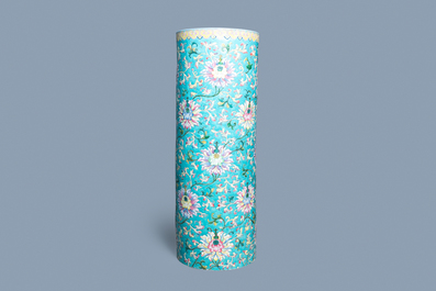 A large Chinese famille rose cylindrical vase with applied lotus scrolls, Jiaqing/Daoguang