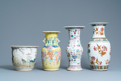 Three Chinese famille rose vases and a jardini&egrave;re, 19th C.