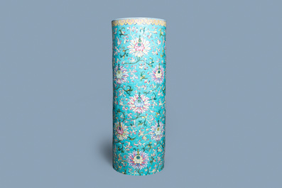 A large Chinese famille rose cylindrical vase with applied lotus scrolls, Jiaqing/Daoguang