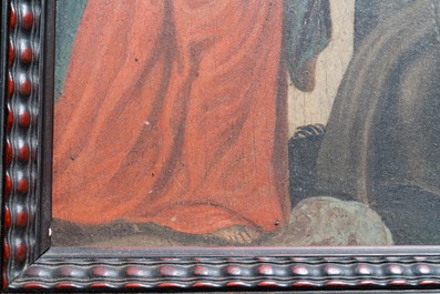 Franse school, schildering op steen, 17e eeuw: de Maagd Maria vertrouwt het Kind toe aan Sint-Domenicus