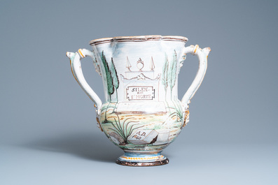 A large polychrome Italian faience quadrilobed pharmacy jug, dated 1840