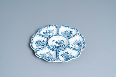 A lobed Dutch Delft blue and white spice dish with birds, late 17th C.