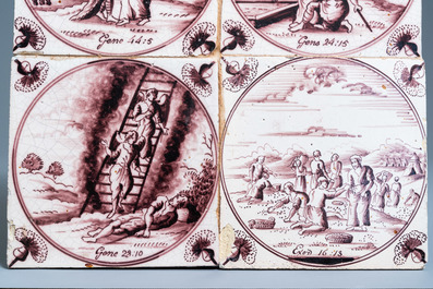 Eighteen fine Dutch Delft manganaese biblical subject tiles, 18th C.