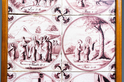 Eighteen fine Dutch Delft manganaese biblical subject tiles, 18th C.