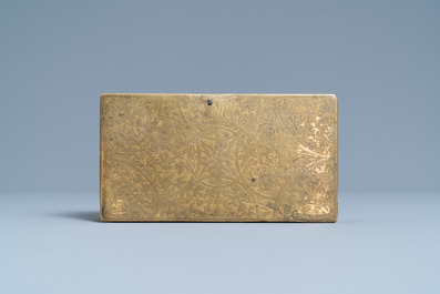 An engraved gilded copper travel inkwell with secret compartment, 17th C.