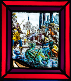 A composite stained and painted glass window mounted in lead alloy, France, 16/17th C.