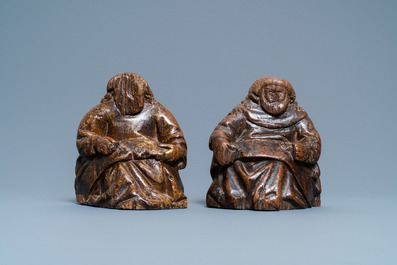 A pair of figuratively carved oak church bank ends, England, 14/15th C.