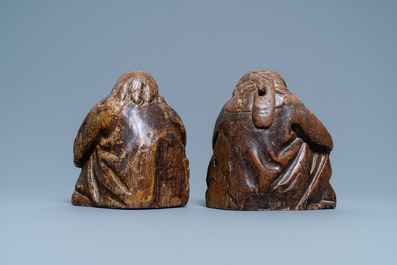 A pair of figuratively carved oak church bank ends, England, 14/15th C.