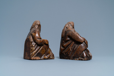 A pair of figuratively carved oak church bank ends, England, 14/15th C.