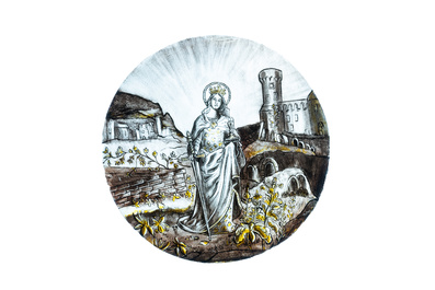 Signed Le Pluy, Lille: two grisaille and silver yellow painted glass roundels with Saint Catharine and Saint Barbara, 19/20th C.