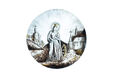 Gesign. Le Pluy, Lille: twee grisaille en zilvergeel beschilderde glazen medaillons met Sint-Catharina en Sint-Barbara, 19/20e eeuw