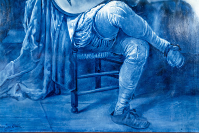 A large Dutch Delft blue and white Porceleyne Fles plaque: 'Self-portrait as a lute player', after Jan Steen, 20th C.