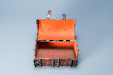 A partly red painted cast iron casket, France, 15th C.