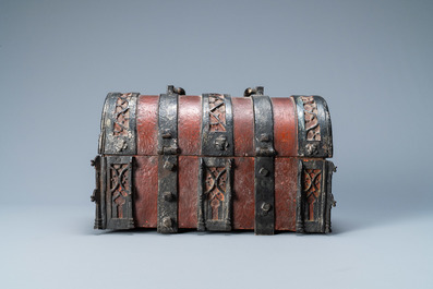 A partly red painted cast iron casket, France, 15th C.