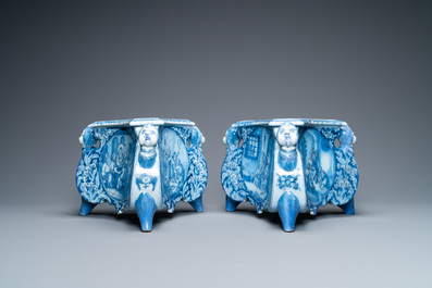 A pair of rare Dutch Delft blue and white candlestick bases, late 17th C.