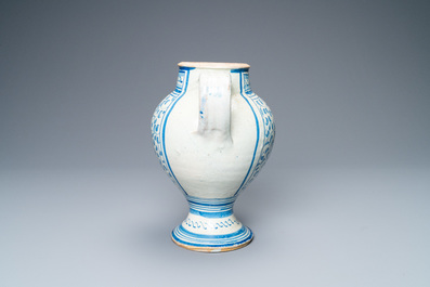 A blue and white Antwerp maiolica 'a foglie' wet drug jar, mid 16th C.