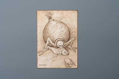 Flemish school, follower of Pieter Bruegel the Elder, pen and brown ink on paper, 19th C.: a fantastic creature with a fish