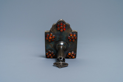 A carnelian-embellished silver-mounted turquoise seal stamp of Mozaffar Al-Din Shah Qajar (1896-1907), Iran, dated 1896