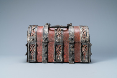 A partly red painted cast iron casket, France, 15th C.