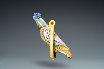 A polychrome Dutch Delft model of a parrot on a ring, 18th C.